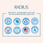 Brand badges and icons panel for RADIUS highlighting recycled content, plant-based materials, biodegradable, ADA accepted, women-owned and made in USA claims.