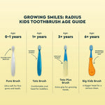 Age guide infographic titled 'Growing Smiles' showing four RADIUS kids toothbrush styles for ages 0–1, 1+, 3+ and 6+ with brief descriptors.