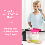Lifestyle image of a child at a bathroom sink holding a toothbrush with a Radius Kidz pouch standing on the counter