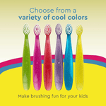 Promotional graphic showing six colorful glittery RADIUS Totz toothbrushes in a row with headline 'Choose from a variety of cool colors'.