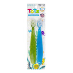 RADIUS Totz kids toothbrush two-pack in retail blister card featuring green and blue glittery handles and illustrated sea creatures on the backing.