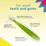 Close-up infographic of a single green RADIUS Totz toothbrush highlighting oval brush head, ultra soft bristles, FDA-approved dyes and easy-to-hold handle.