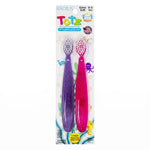 RADIUS Totz kids toothbrush two-pack in blister card packaging showing purple and pink glittery handles with ocean-themed background.