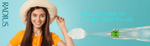 Banner image with smiling woman on teal background and close-up of a Radius Tour travel toothbrush head