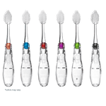 Row of six clear Radius Tour travel toothbrushes showing assorted colored hinge accents on a white background