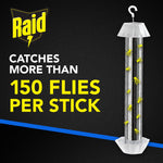 Graphic showing a vertical sticky trap with yellow fly illustrations and bold text claiming “150 FLIES PER STICK.”