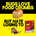 Graphic ad with loaf of bread, cartoon roach and a Raid Roach Baits box with headline about bugs loving food crumbs