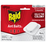 Raid Ant Baits retail blister pack with red branding, visible bait unit and text claiming it kills the colony and is child resistant