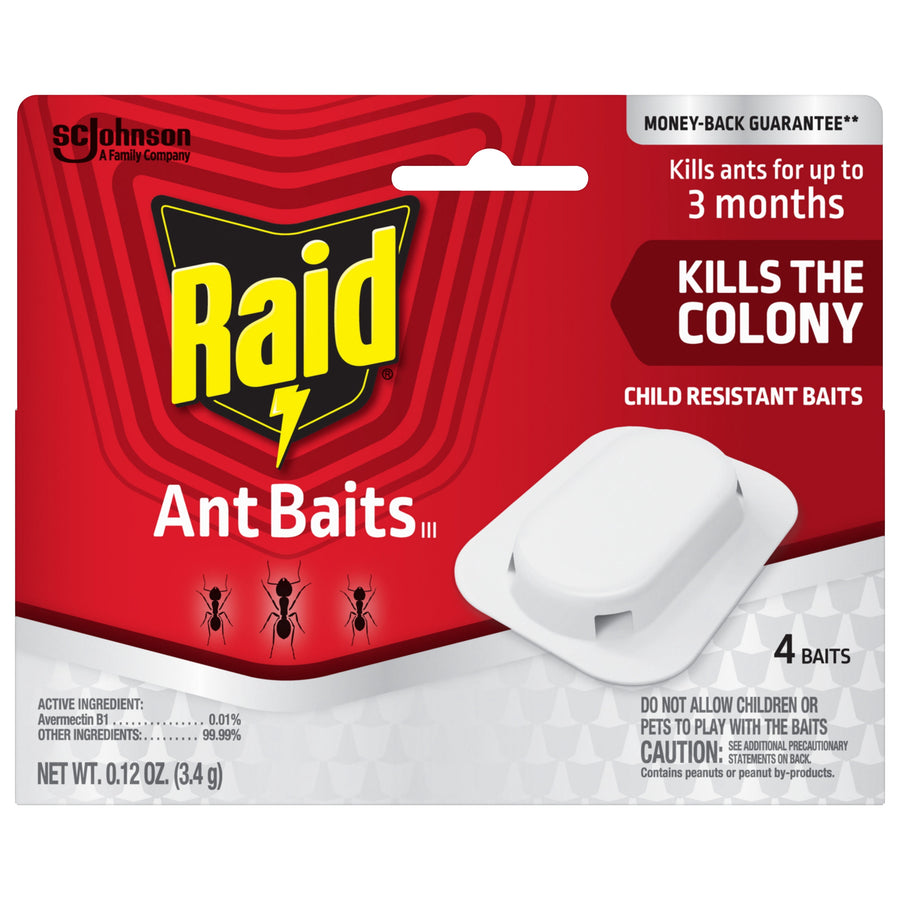Raid Ant Baits retail blister pack with red branding, visible bait unit and text claiming it kills the colony and is child resistant