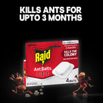 Raid Ant Baits box displayed on a dark background with text 'KILLS ANTS FOR UP TO 3 MONTHS' and cartoon ant characters.