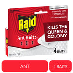 Close-up of a red Raid Ant Baits retail box showing brand logo, product bait graphic and 'kills the queen & colony' callout.