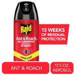 Close-up product shot of a Raid Ant & Roach aerosol can with lemon-scent label and promotional text
