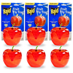 Six red apple-shaped Raid fruit fly traps arranged in two rows with packaged cards behind
