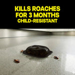 Roach bait station on a floor surrounded by cockroaches with bold text claiming kills roaches for 3 months