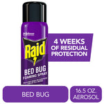 Purple Raid Bed Bug foaming spray aerosol can with label reading ‘Bed Bug Foaming Spray’ and callout for 4 weeks protection