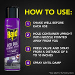 Instruction panel showing a Raid Bed Bug foaming spray can and numbered steps on how to use the product