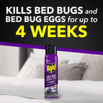 Raid Bed Bug foaming spray can on a bed with large text claiming it kills bed bugs and eggs for up to 4 weeks