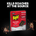 Raid Roach Baits product box on a dark background with two cartoon roaches and text kills roaches at the source