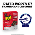 Raid Roach Baits box next to a blue Worth It! award badge with headline rated worth it by American consumers
