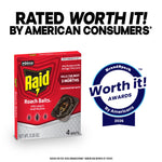 Raid Roach Baits box beside a blue Worth It! awards badge and headline reading rated worth it by American consumers