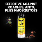 Raid Multi Insect can centered on black background with bold text stating it’s effective against roaches, ants, flies and mosquitoes.