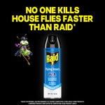 Raid Flying Insect can centered on black background with headline 'No one kills house flies faster than Raid' and a stylized insect character.