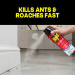 Hand spraying a Raid Ant & Roach aerosol can along a baseboard with visible ants and product mist