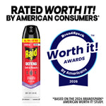 Raid Defend Ant & Roach lavender aerosol can beside a BrandSpark Worth It award badge and endorsement text