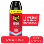 Front-facing can of Raid Defend Ant & Roach aerosol with value-size band and callout reading 13 weeks of residual protection