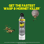 Raid Defend aerosol can centered with cartoon wasp and wasp nest and headline get the fastest wasp & hornet killer