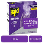 Purple Raid Defend flea fogger 3-pack box showing fogging canister graphic and 'Kills Fleas & Hatching Eggs' callout