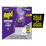 Front product box for Raid Defend Flea Fogger showing net weight, 'Kills Fleas and Hatching Eggs' claim and 3 foggers label