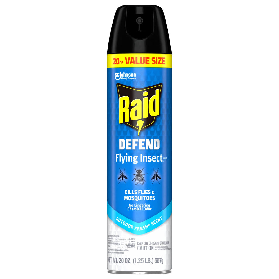 Blue Raid Defend flying insect spray can with black cap and '20 oz value size' banner, labeled to kill flies and mosquitoes