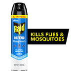 Tall blue Raid Defend flying insect spray can with black nozzle and yellow callout reading 'kills flies & mosquitoes' on white background.
