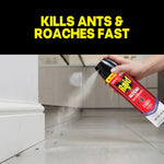 Hand spraying Raid Defend Ant & Roach lavender aerosol toward ants along a baseboard in a kitchen setting