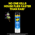 Black background ad showing a Raid Defend spray can and insect character with headline 'NO ONE KILLS HOUSE FLIES FASTER THAN RAID'.