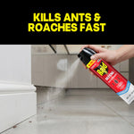 Hand spraying Raid Defend Ant & Roach aerosol along a baseboard with text reading kills ants & roaches fast