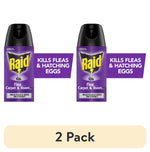 Two purple Raid Flea Carpet & Room spray cans with callout banners reading "Kills Fleas & Hatching Eggs" and a 2 Pack label