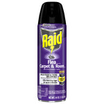 Single purple Raid Flea Carpet & Room spray can with black actuator nozzle on a white background, product label visible.