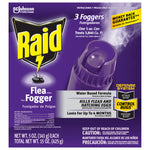 Close-up front of a purple Raid Flea Fogger retail box showing product name, fogger image and usage claims in English and Spanish