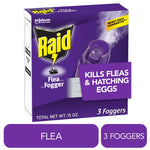 Purple Raid Flea Fogger retail box with bold logo and callout "Kills Fleas & Hatching Eggs"