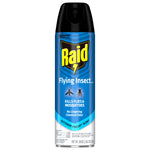 Blue Raid Flying Insect aerosol can with label reading 'Kills Flies & Mosquitoes' and outdoor fresh scent.