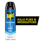 Raid Flying Insect aerosol can with blue label and black cap, promotional text 'Kills Flies & Mosquitoes' on white background.