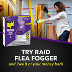 Promotional scene showing a person working in a workshop with a Raid Defend Flea Fogger box and slogan 'Try Raid Flea Fogger'