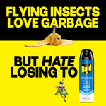 Graphic with banana peel and a Raid Flying Insect can, bold text reads 'Flying insects love garbage but hate losing to' on yellow and black background.