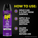 Raid Flea Carpet & Room aerosol can with step-by-step how-to-use instructions and usage icons on a black background