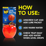 How-to-use panel showing packaged Raid Fruit Fly Trap and three-step instructions with an apple-shaped trap image