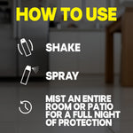 How-to-use graphic for aerosol: icons and steps 'Shake', 'Spray', and text advising to mist a room or patio for protection.