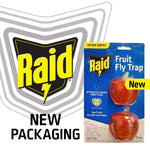 Raid logo graphic alongside packaged Raid Fruit Fly Trap showing apple-shaped trap and 'New Packaging' text