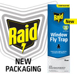 Raid logo graphic next to a Raid Window Fly Trap package with 'New Packaging' text on a white background.